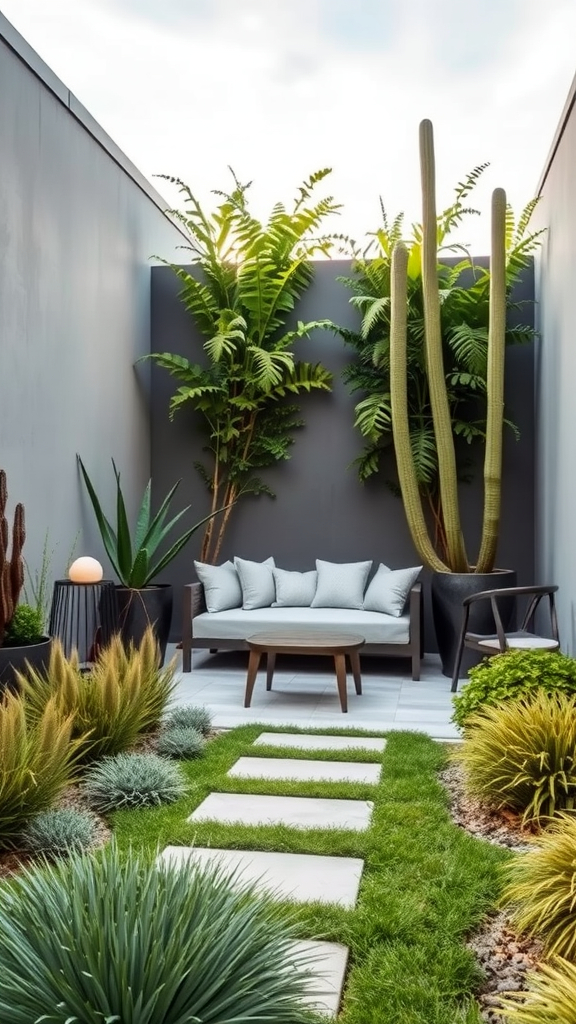 A contemporary outdoor lounge garden featuring a cozy sofa, decorative plants, and stepping stones.