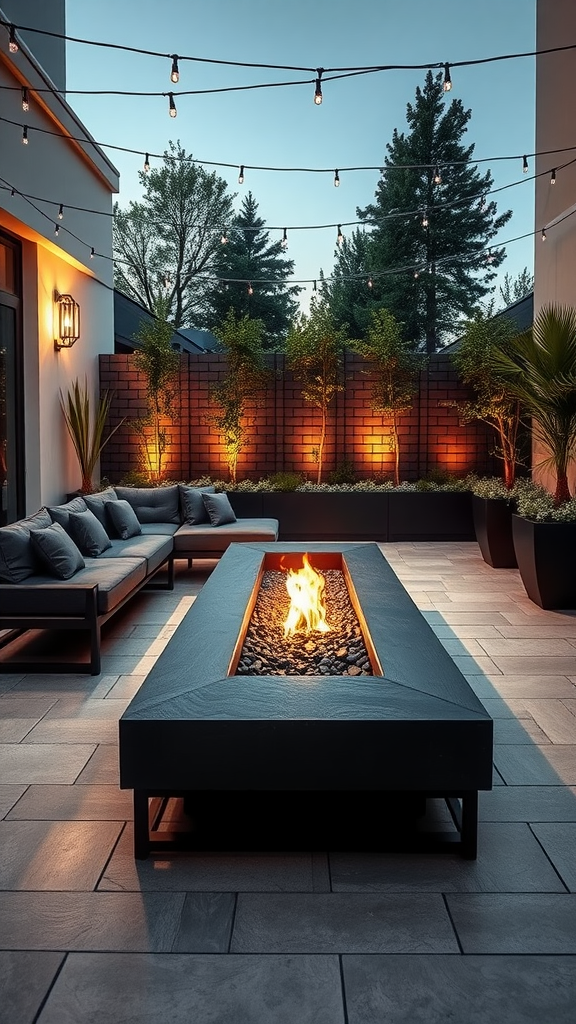 A contemporary outdoor lounge featuring a rectangular fire pit surrounded by comfortable seating and string lights overhead.