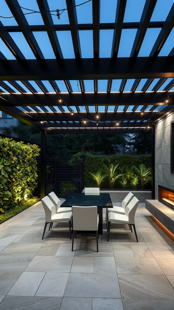 A contemporary pergola with LED lighting over a dining area, surrounded by greenery.