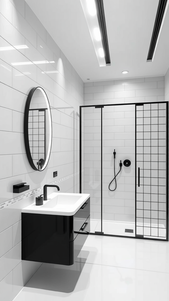 A contemporary black and white bathroom with sleek features, including a modern vanity and glass shower.