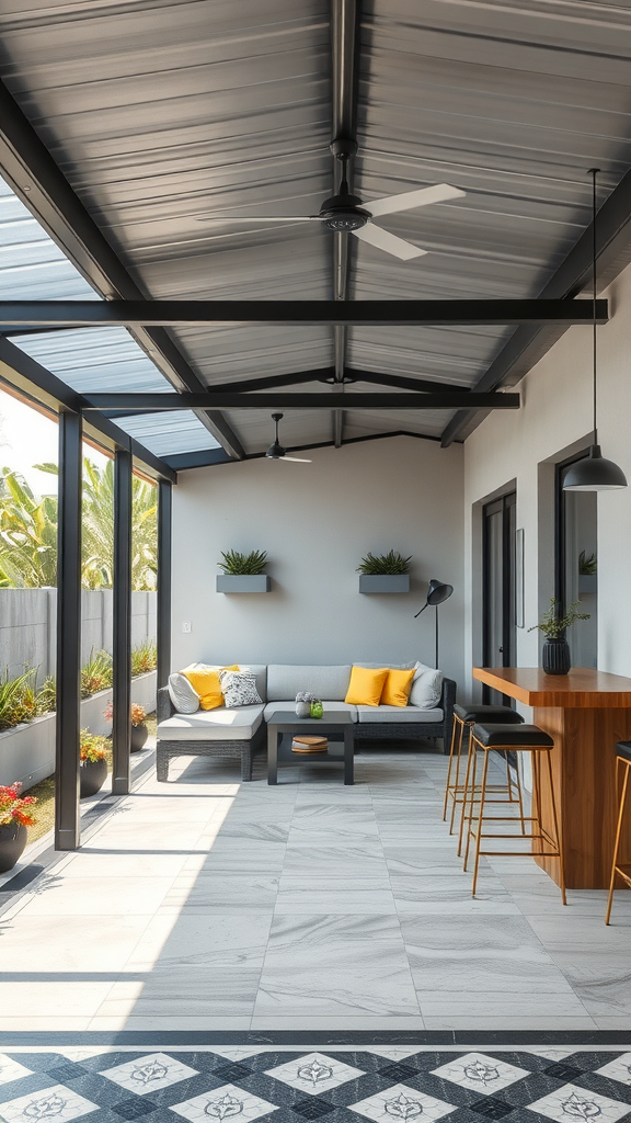 A contemporary urban covered patio with a modern metal roof, cozy seating, and a bar area.