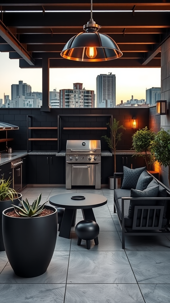 A contemporary outdoor kitchen patio with a sleek grill, modern seating, and urban skyline in the background.