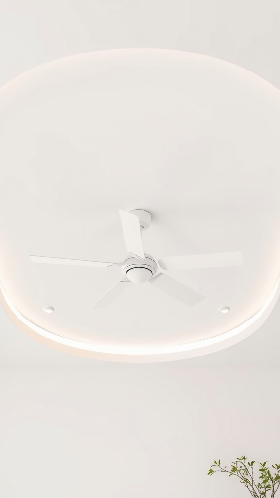 Contemporary white ceiling design with a fan and soft lighting