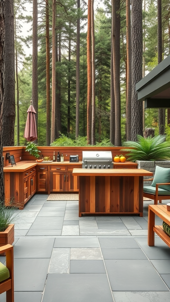 Contemporary outdoor kitchen patio surrounded by trees, featuring wooden cabinetry and a grill.