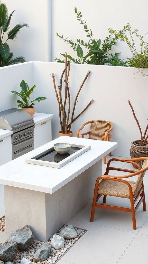 A contemporary outdoor kitchen patio featuring a stone table with a fire pit, stainless steel grill, and surrounded by comfortable chairs and plants.