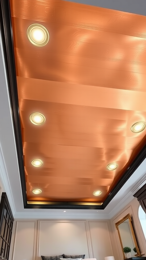 A bedroom ceiling featuring copper cladding and stylish downlights.