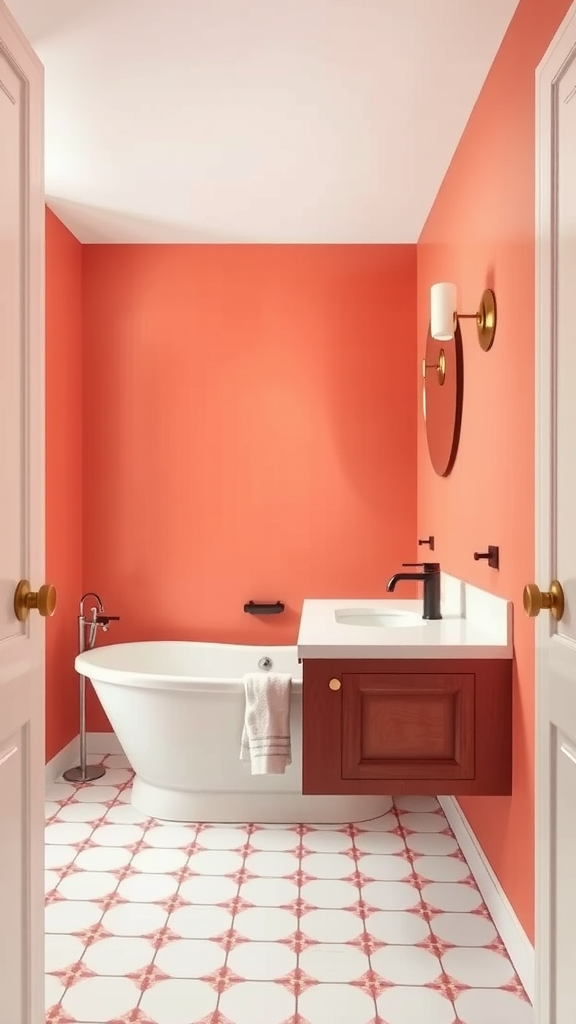 Coral and white modern bathroom with hexagonal patterned floor tiles