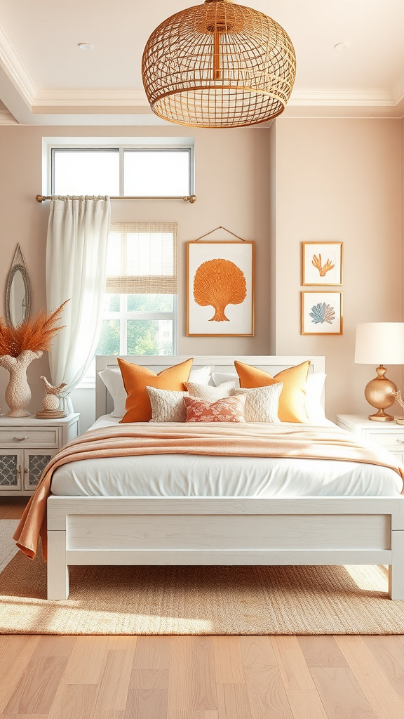 A modern coastal bedroom featuring a light color palette, coral-inspired decor, and natural textures.