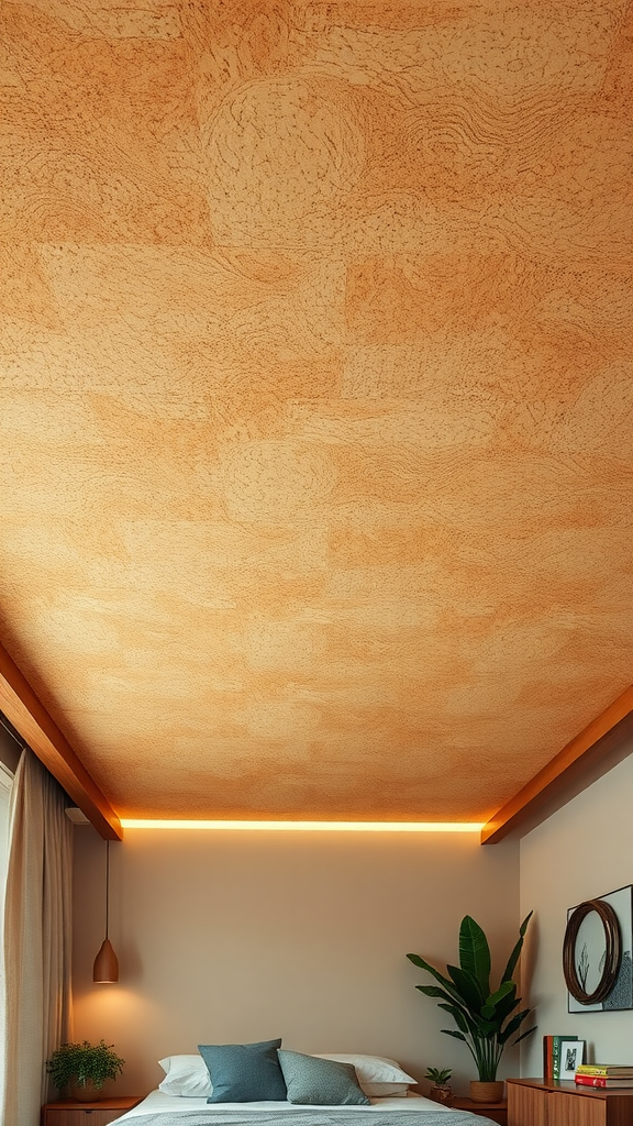 Bedroom with a cork ceiling and warm lighting accents.