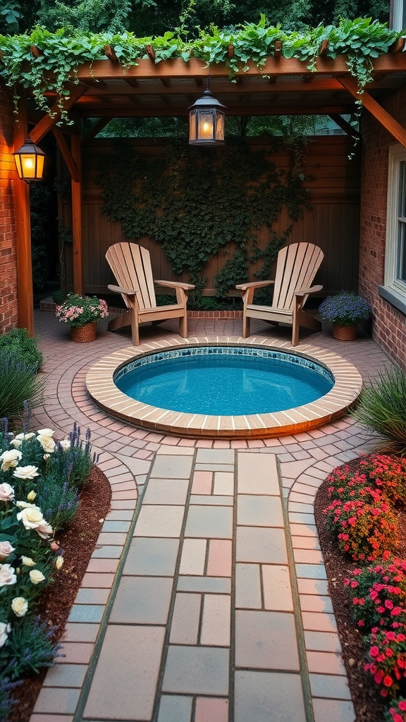 Cottage-style plunge pool with wooden chairs and flowered garden