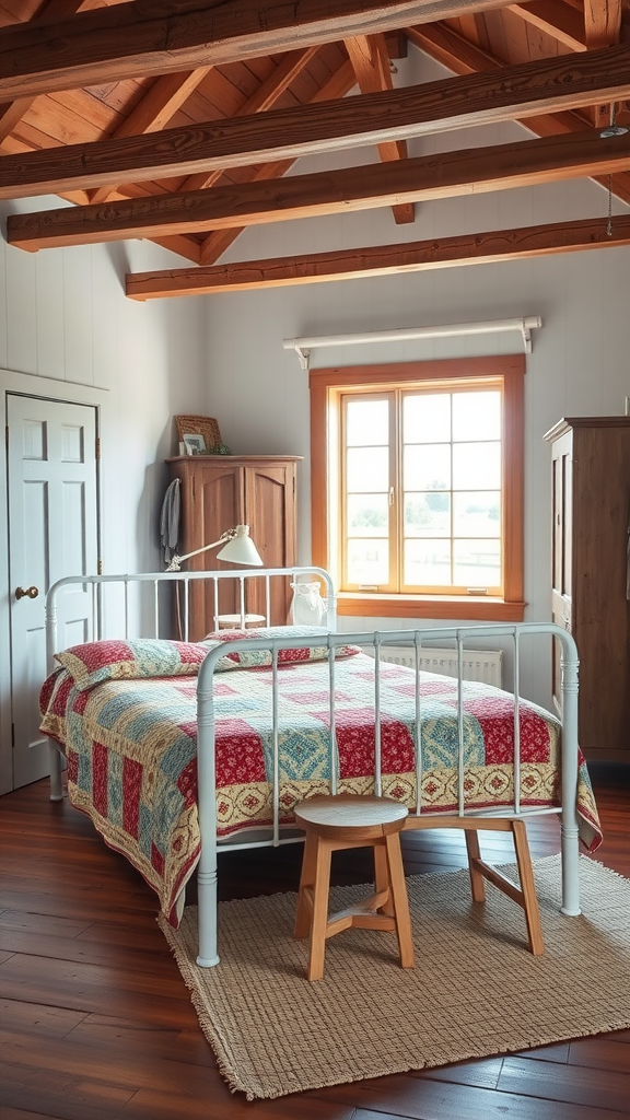 Cozy cottage farm bedroom with wooden beams, patchwork quilt on bed, and natural light from window.