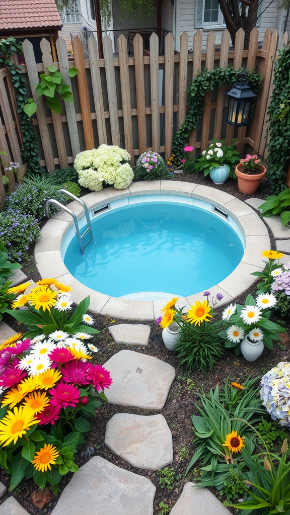 Cottage garden plunge pool surrounded by colorful flowers and greenery.