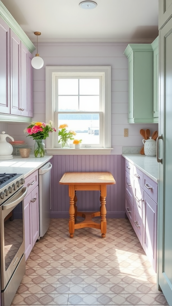 A cozy cottage lake house kitchen with pastel cabinets, a large window, and a wooden table.