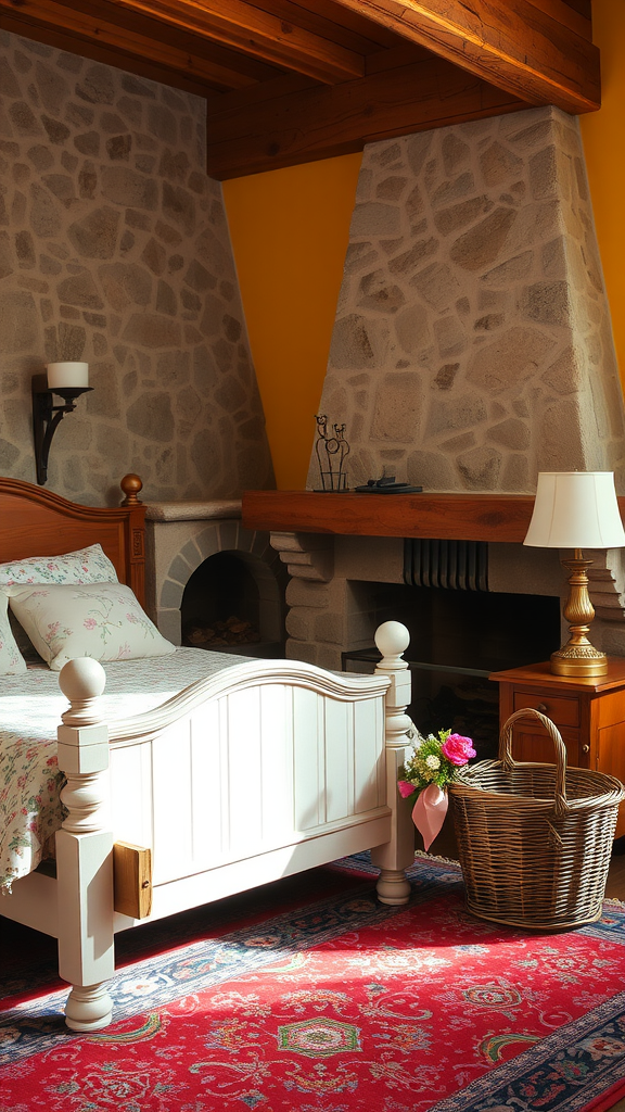 Cozy country-style bedroom featuring a fireplace, floral bedding, and a warm atmosphere.