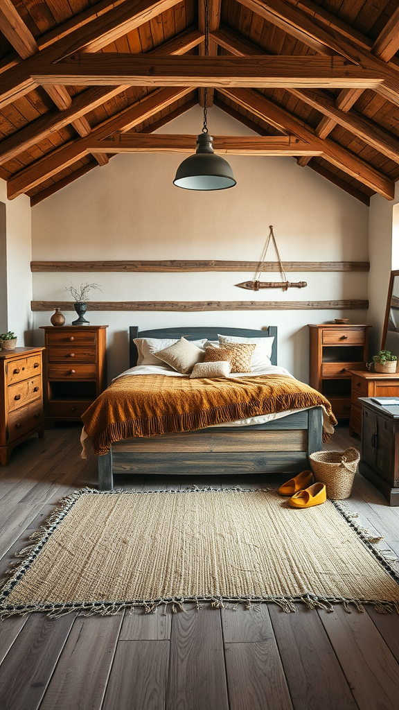 Cozy barn-style bedroom with wooden beams, a bed with a golden throw, and rustic decor.