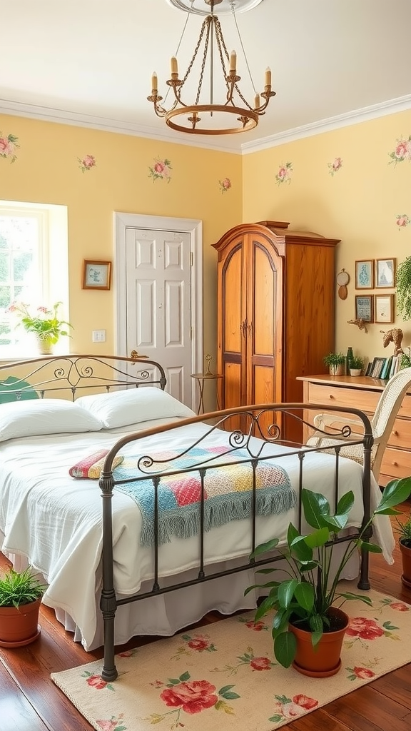 Cozy English countryside bedroom with yellow walls, iron bed, wooden furniture, and plants.