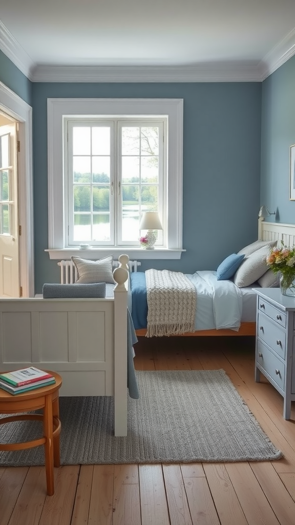 A serene countryside bedroom with a lake view, featuring blue walls, wooden flooring, and cozy decor.