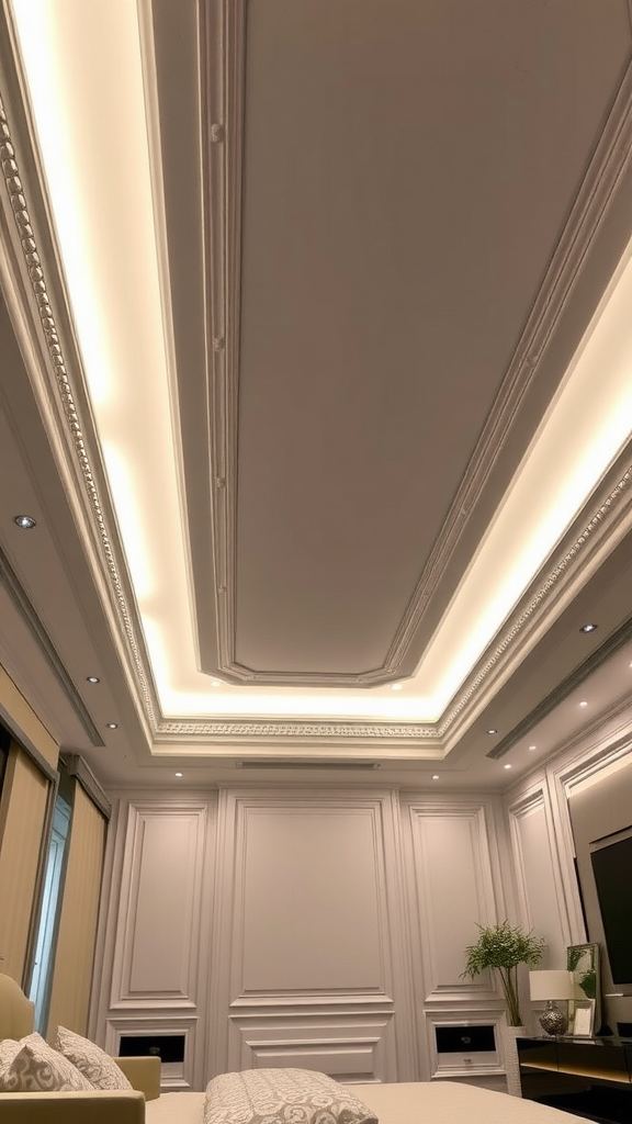 A bedroom ceiling featuring cove lighting and elegant moldings.