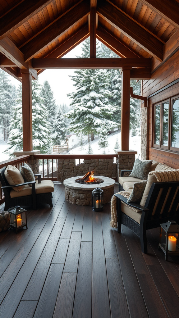 A cozy covered patio with a fire pit surrounded by snow-covered trees, featuring comfortable seating and lanterns.