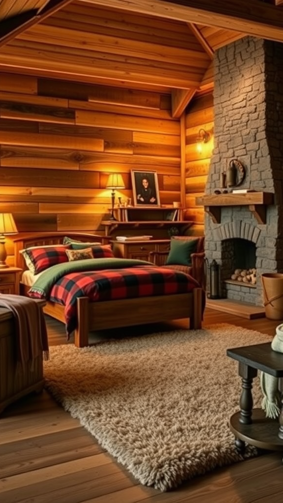 A cozy cabin bedroom with wooden walls, plaid bedding, and a fireplace