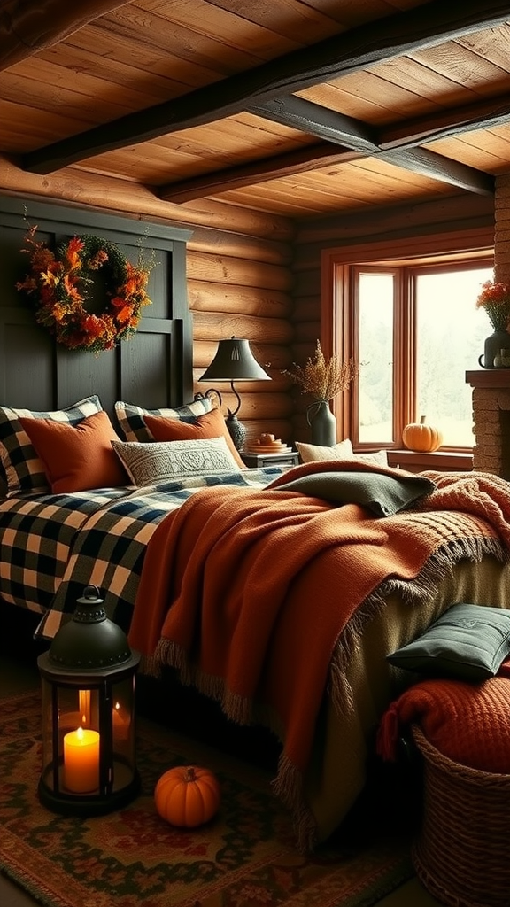 A cozy bedroom with a four-poster bed, plaid blankets, a fireplace, autumn decorations, and warm lighting.