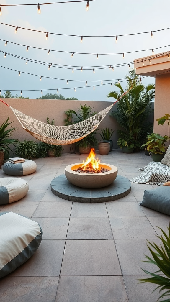 Cozy concrete patio featuring a hammock, fire bowl, and soft seating surrounded by plants and string lights.