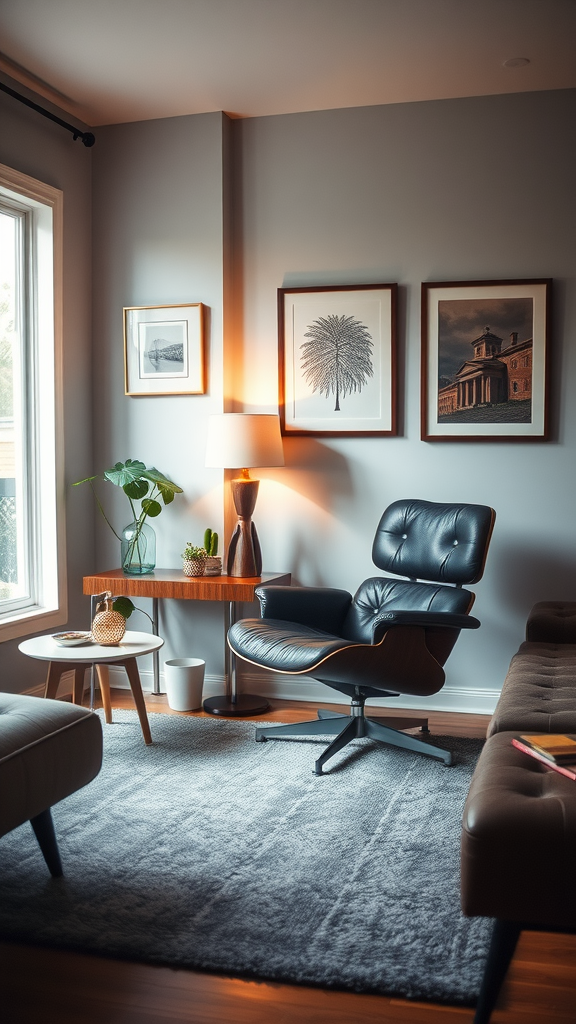 A cozy corner of a mid-century modern living room featuring a black leather chair, a lamp, a small side table, and vintage artwork.