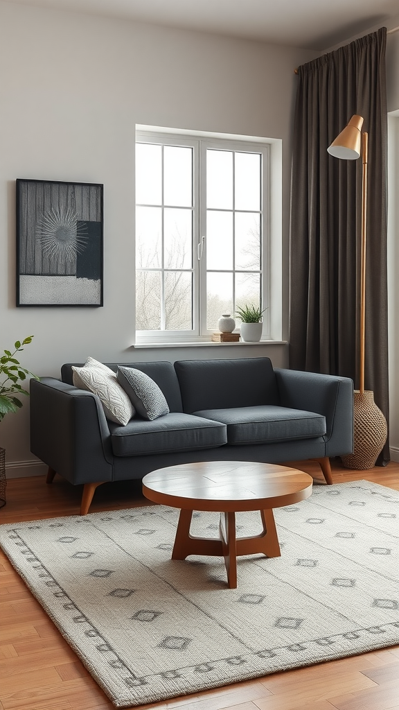 A cozy mid-century modern living room corner featuring a gray sofa, round wooden coffee table, and a warm floor lamp.