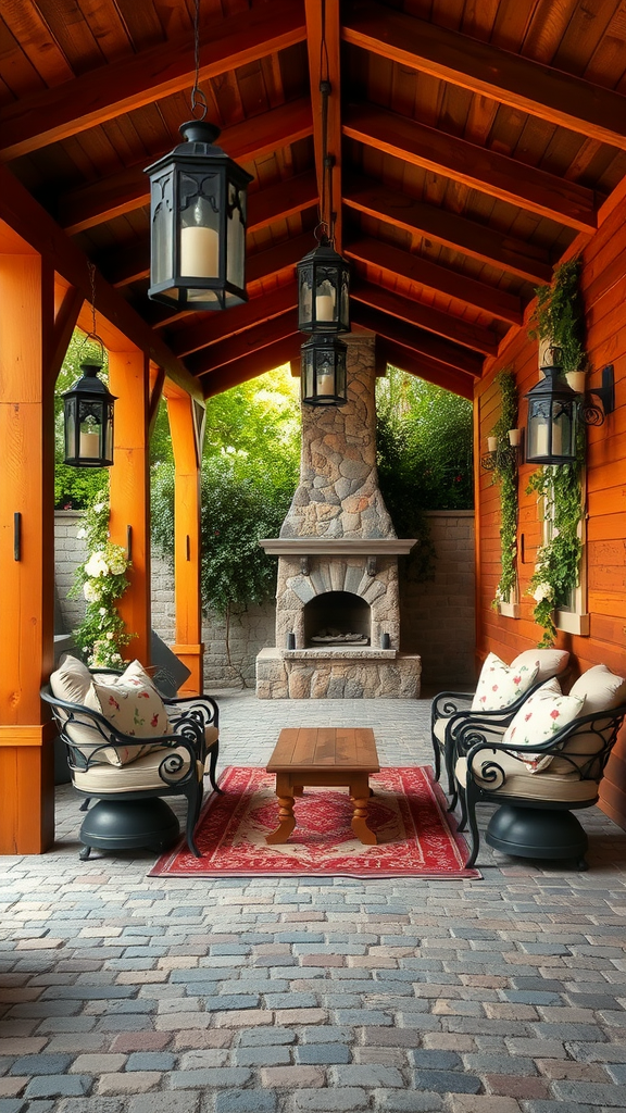 A cozy covered patio with a stone fireplace, wooden beams, and comfortable seating.