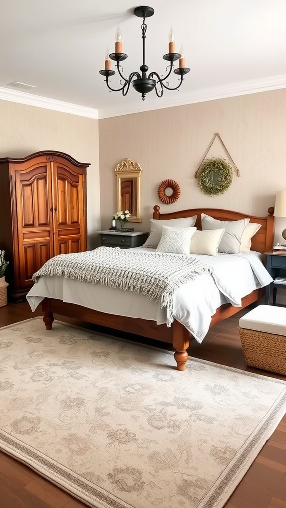 A cozy cottage-style bedroom featuring warm wood furniture, soft bedding, and decorative accents.