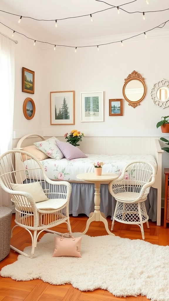 A cozy cottage-style dorm room with a bed, wicker chairs, and string lights.