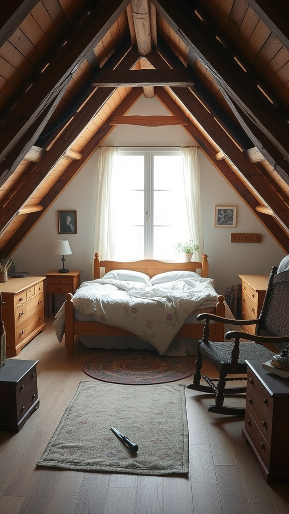 Cozy attic bedroom with wooden beams, soft bedding, and natural light