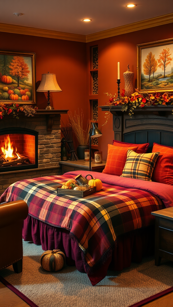 A cozy bedroom with a fireplace, plaid bedding, and autumn decorations.