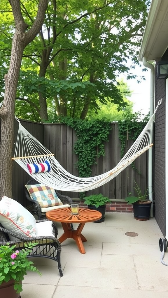 A cozy hammock corner with a hammock, colorful pillows, a small table, and potted plants.