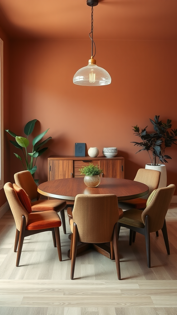 Cozy mid century modern dining room with earthy tones, featuring a round wooden table, comfortable chairs, and warm terracotta walls.