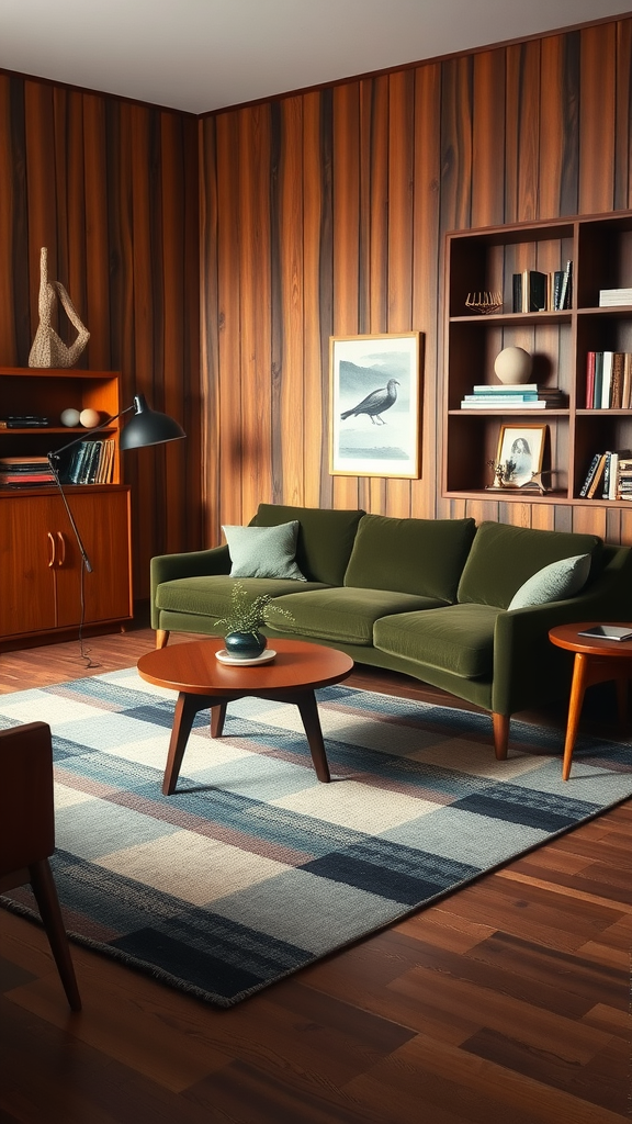 Cozy mid-century modern living room with warm wood accents, green sofa, and a patterned rug.