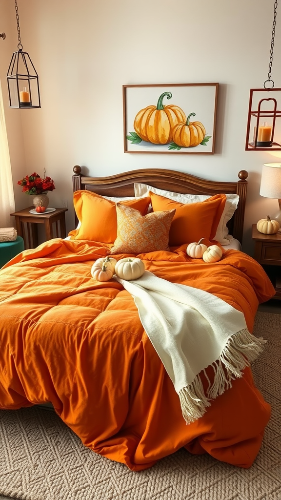 A cozy fall bedroom featuring orange bedding, decorative pumpkins, and warm lighting.