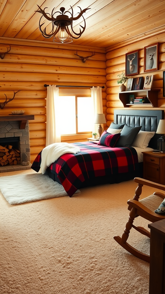 Cozy rustic cabin bedroom with wooden walls, plaid bedding, and a warm atmosphere