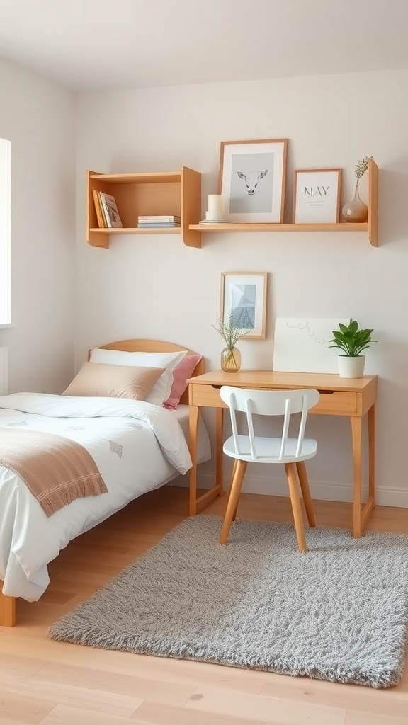 Cozy Scandinavian style dorm room with wooden furniture, soft bedding, and decorative elements