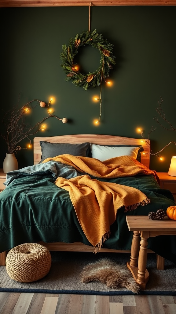 Cozy woodland-themed bedroom with green walls, layered bedding, and autumn decor.