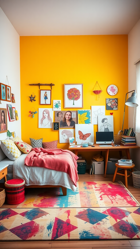 A bright and colorful bedroom for a teenage girl, featuring a yellow wall with various artworks, a cozy bed with colorful pillows, and a creative workspace.