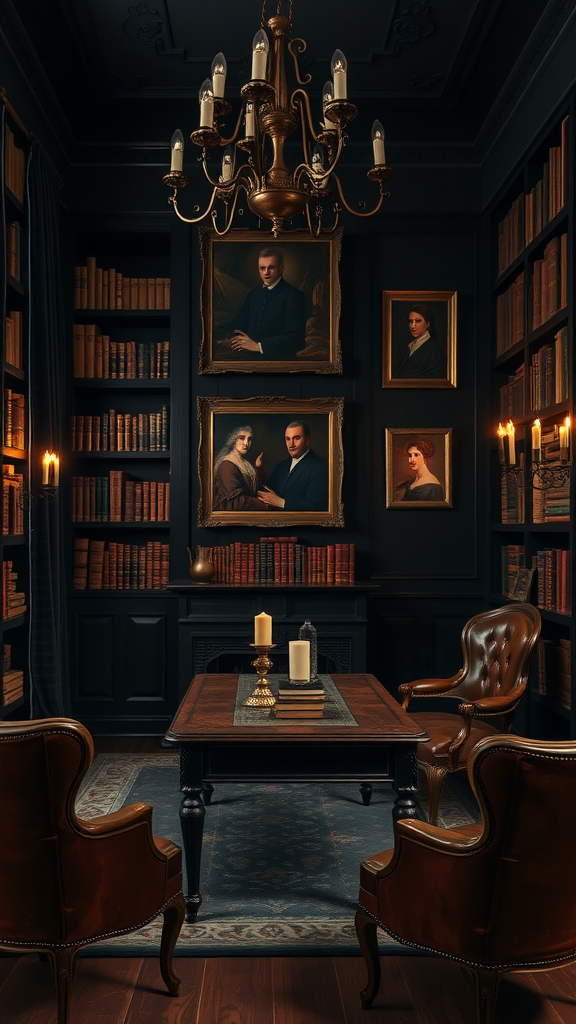 A dark cottage library with wooden shelves full of books, leather chairs, a central table with candles, and portraits on the walls.