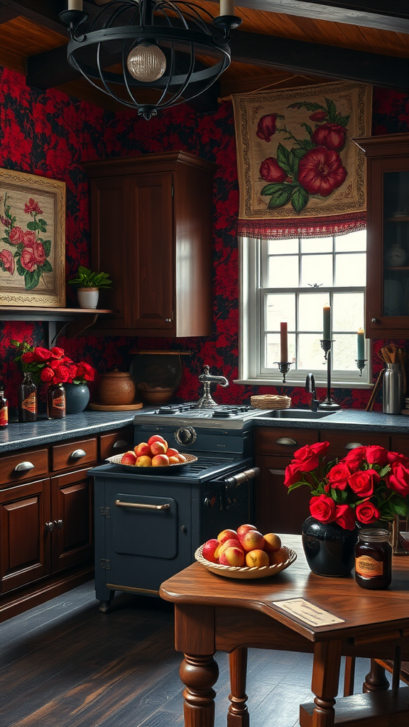 A cozy kitchen decorated with crimson floral wallpaper, wooden cabinets, and a vintage stove, featuring fresh apples and roses on the table.