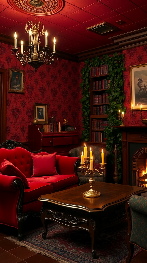 A cozy living room with red walls, a plush red sofa, a chandelier with candles, and bookshelves filled with books.