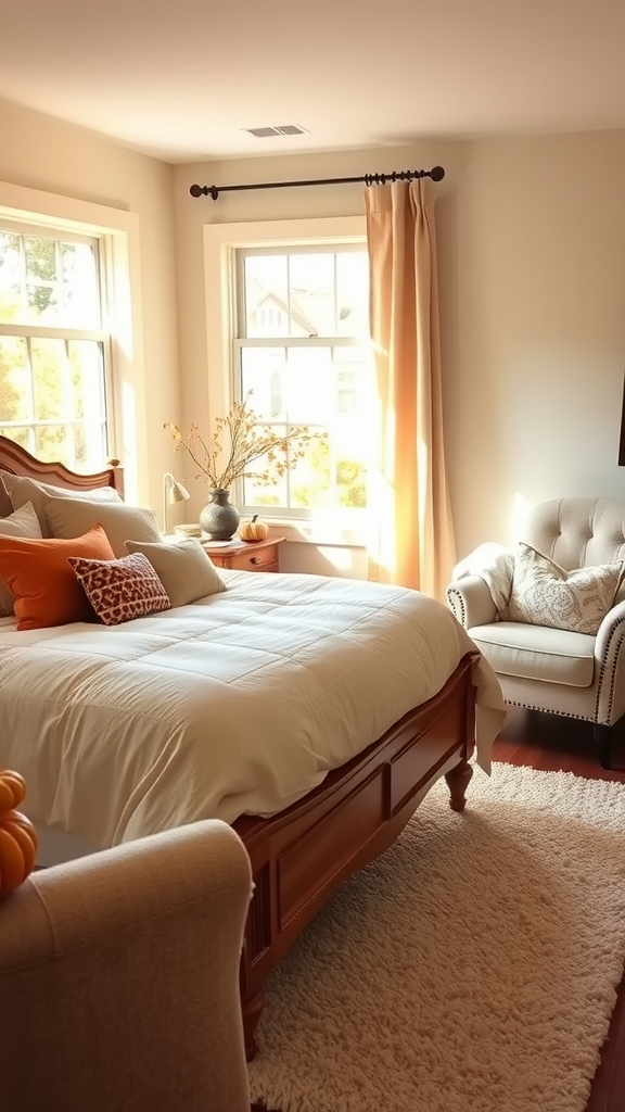 Cozy fall bedroom with sunlight, a bed, and autumn decor