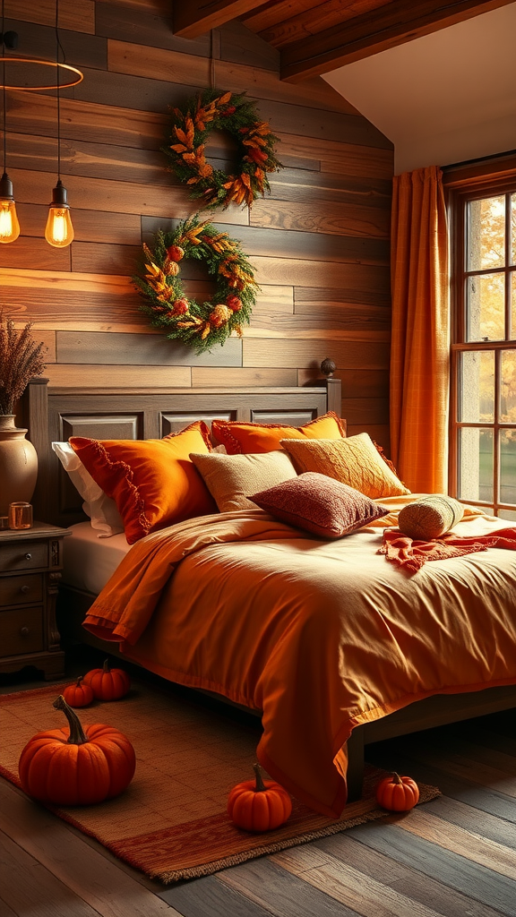 Cozy fall bedroom with orange bedding, wooden wall, and decorative wreaths