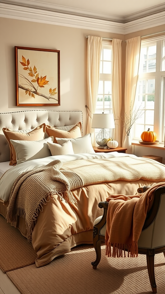 Cozy fall bedroom with beige and orange decor, featuring a plush bed, warm lighting, and seasonal accents