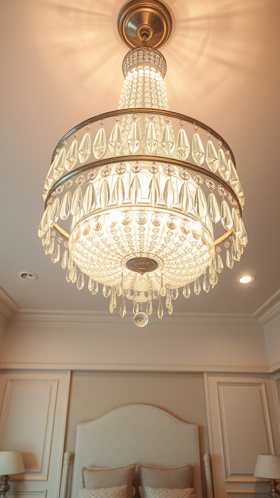 A beautiful crystal chandelier hanging from the ceiling in a stylish bedroom.