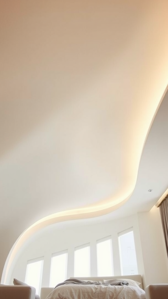 Curved ceiling with integrated lighting in a modern bedroom