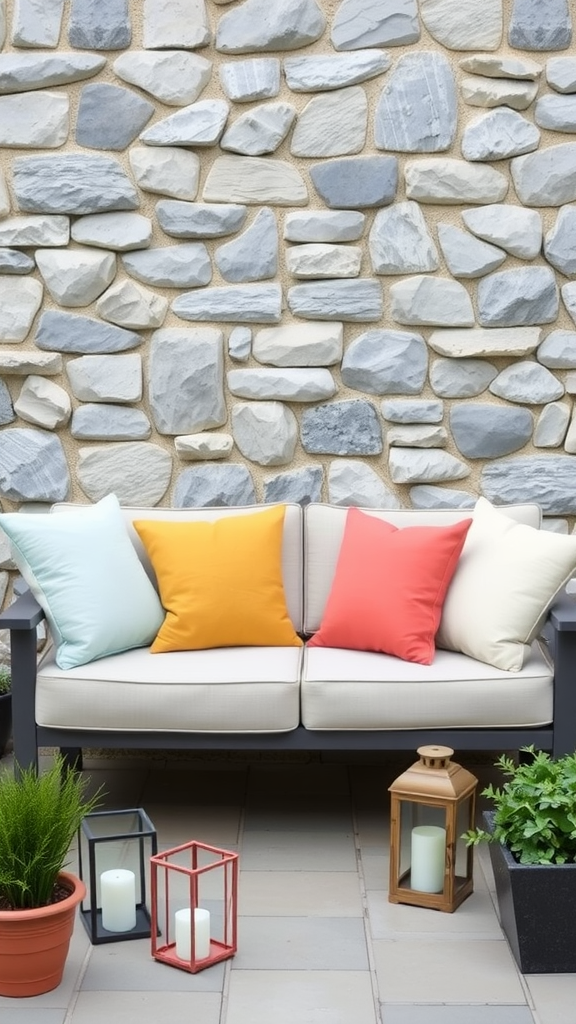 A cushioned bench with colorful pillows set against a stone wall, accompanied by potted plants and lanterns.